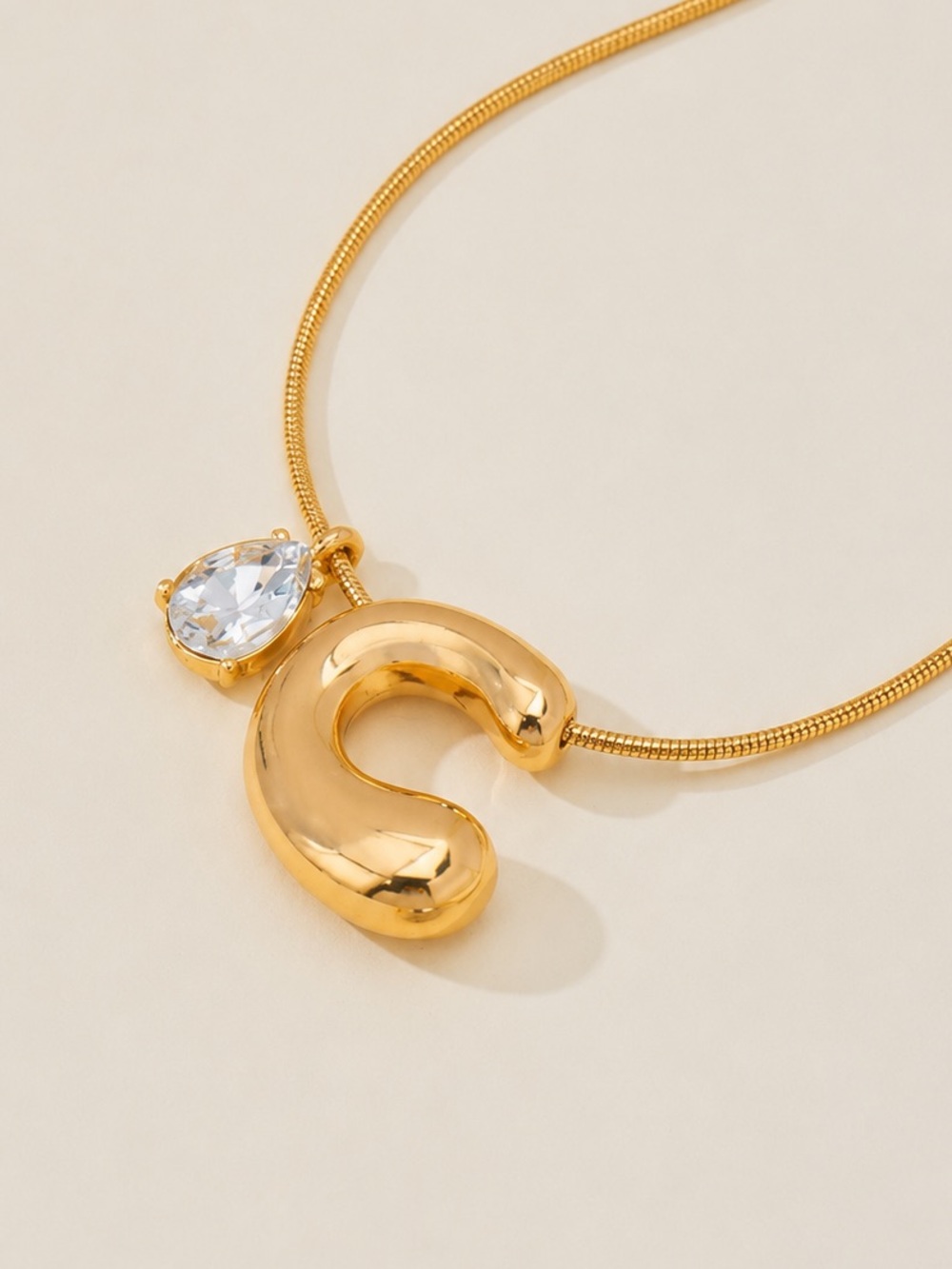 Gold Bubble Initial Crystal Pear Charm Necklace (7219)